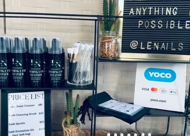 Lenails Beauty Salon product display and price list in Krugersdorp, Gauteng, ZA enhances client experience.