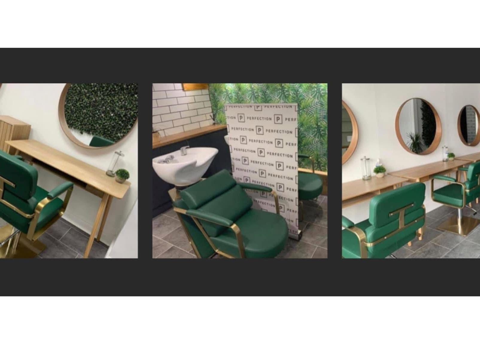 Modern salon setup with green chairs and mirrors at Perfection, Swindon, England, GB.