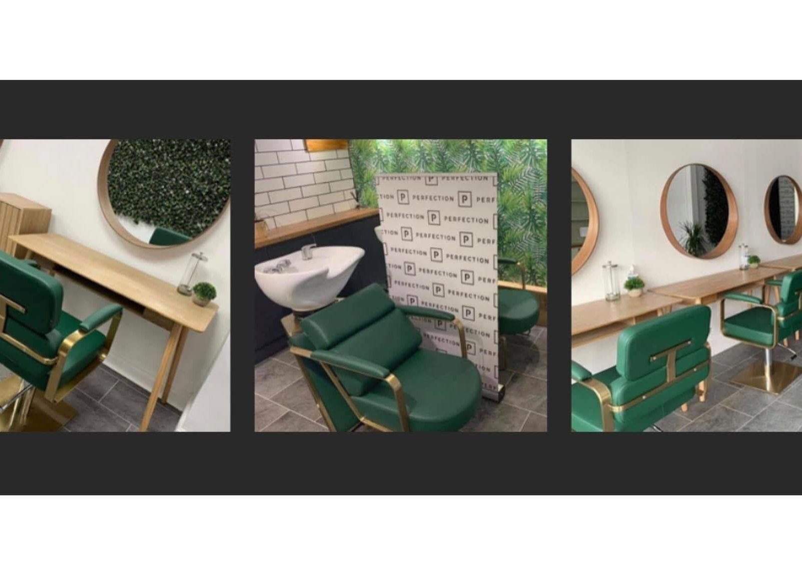Modern salon setup with green chairs and mirrors at Perfection, Swindon, England, GB.
