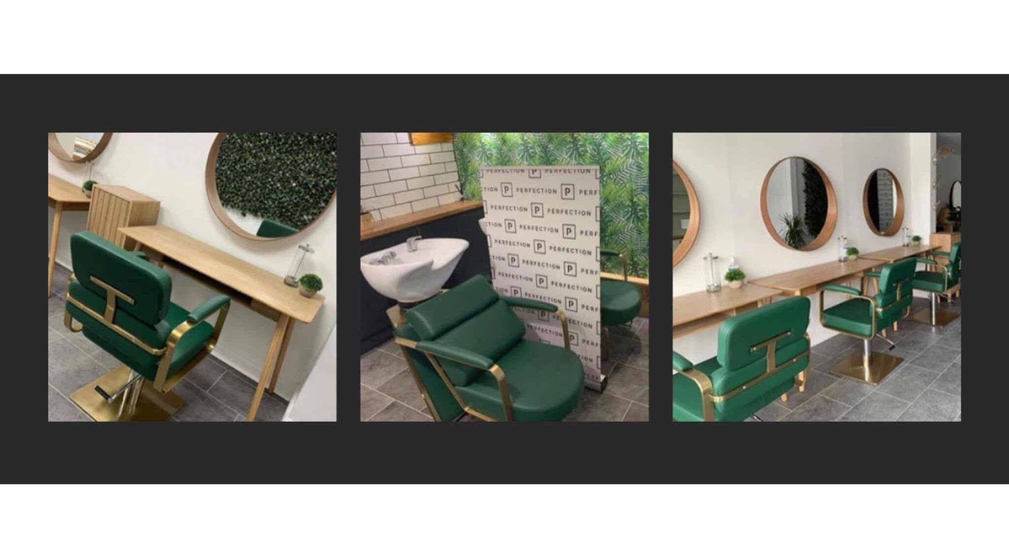 Modern salon setup with green chairs and mirrors at Perfection, Swindon, England, GB.