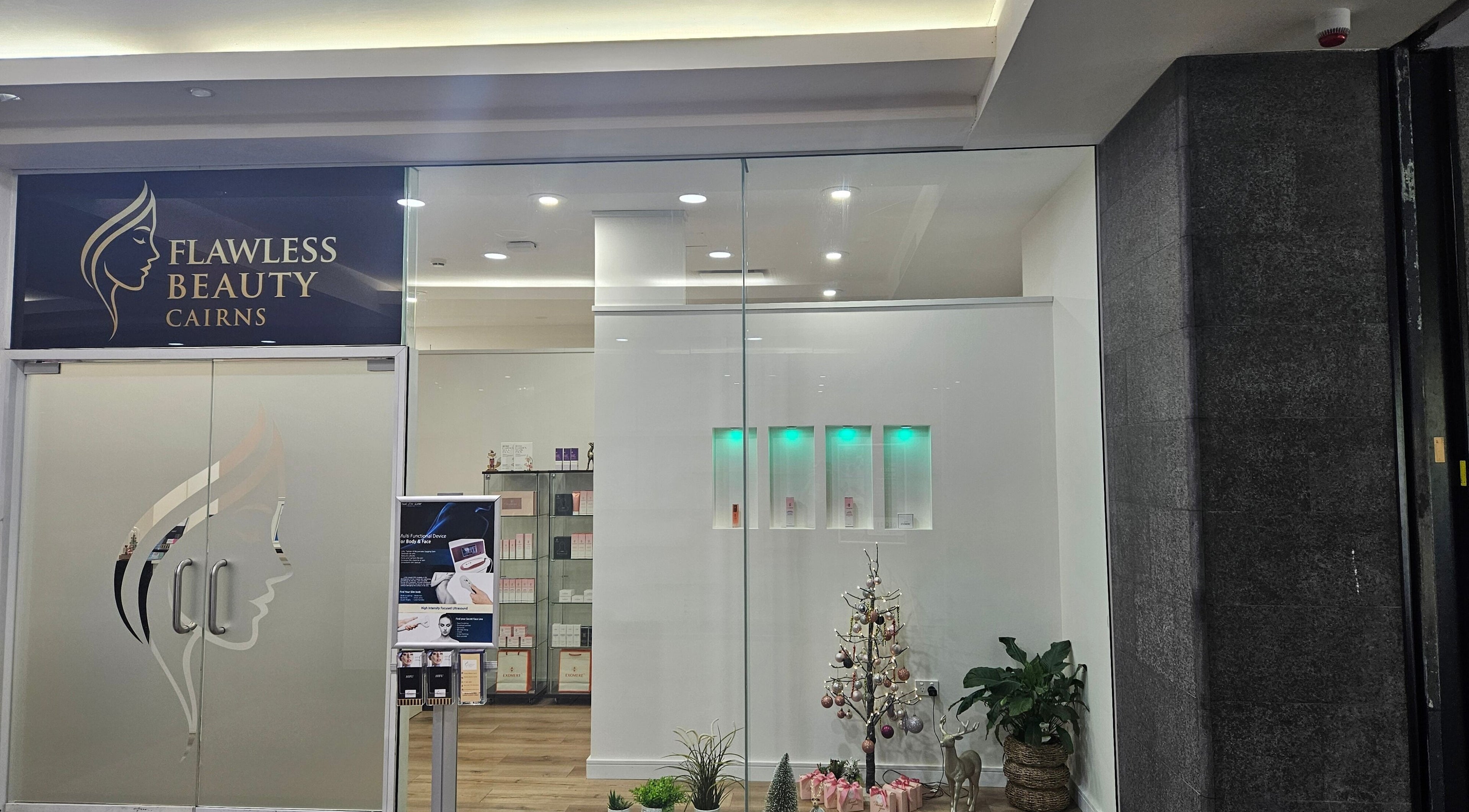 Entrance to Flawless Beauty Cairns in Cairns City, Queensland, AU, showcasing modern decor and welcoming ambience.