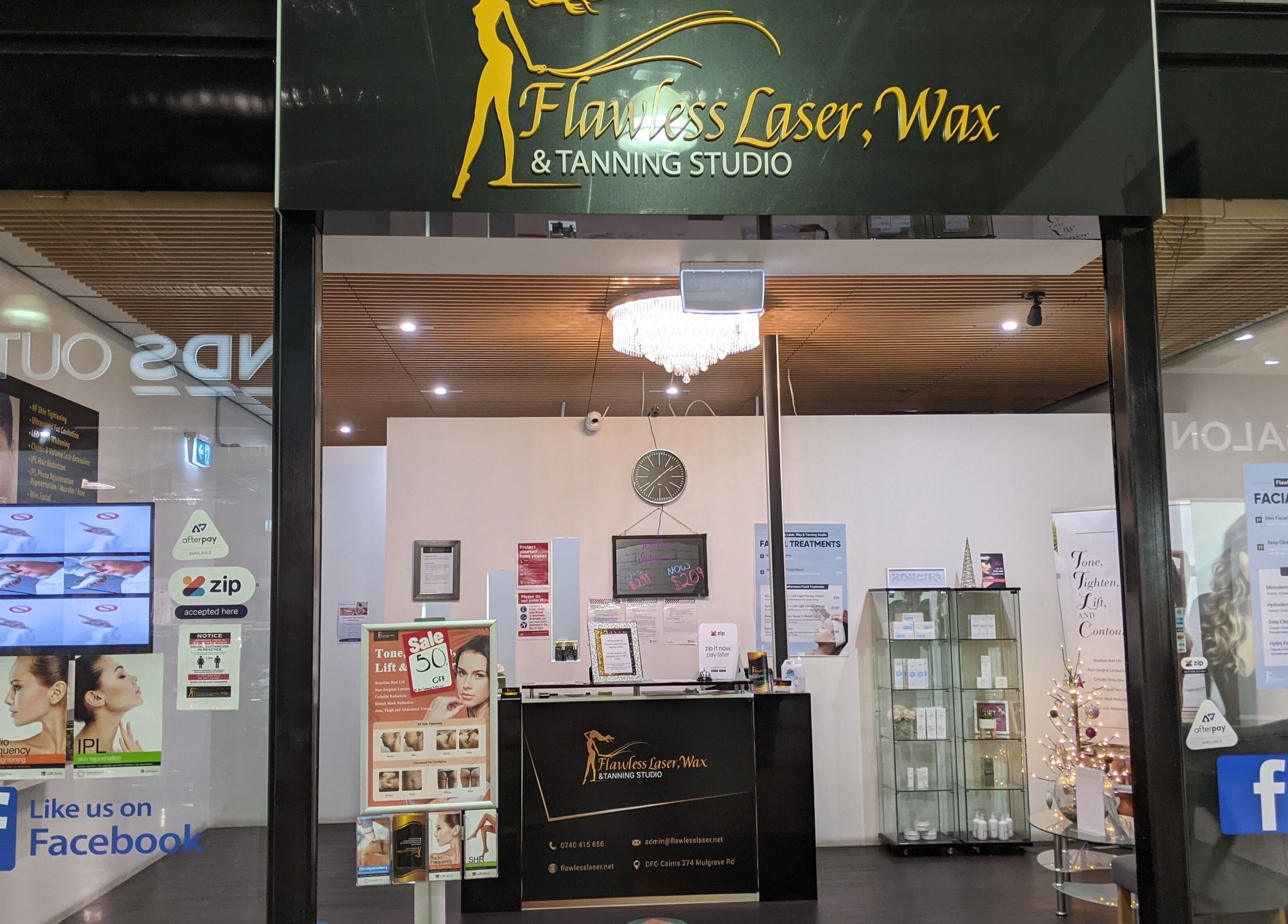 Entrance of Flawless Beauty Cairns in Cairns City, Queensland, AU with elegant signage and welcoming decor.