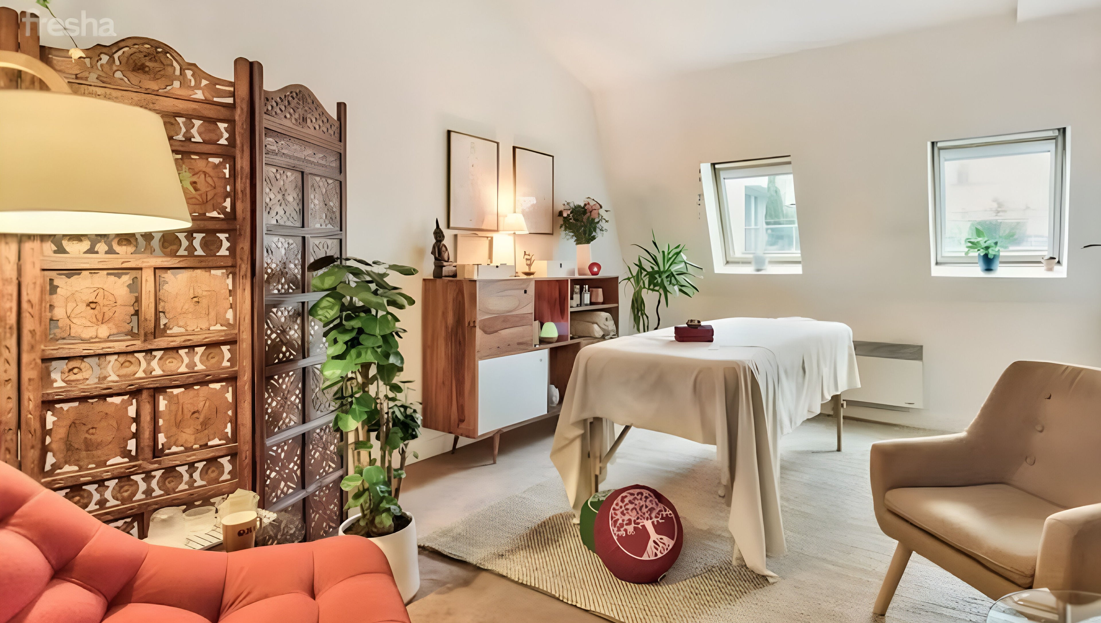 Salle de bien-être au Le Studio Mass'Fly Paris, Paris, Île-de-France, FR, avec table de massage et décor apaisant.