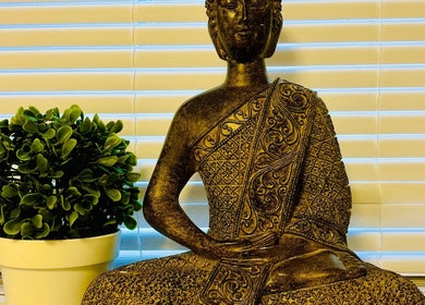 Peaceful Buddha statue at Anna Massage Therapy & Spa, Newcastle upon Tyne, England, GB, with lush green plant.