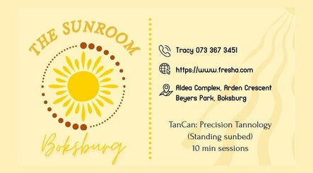 Sun-themed contact card for The SunRoom Boksburg, Boksburg, Gauteng, ZA. Includes services and contact details.