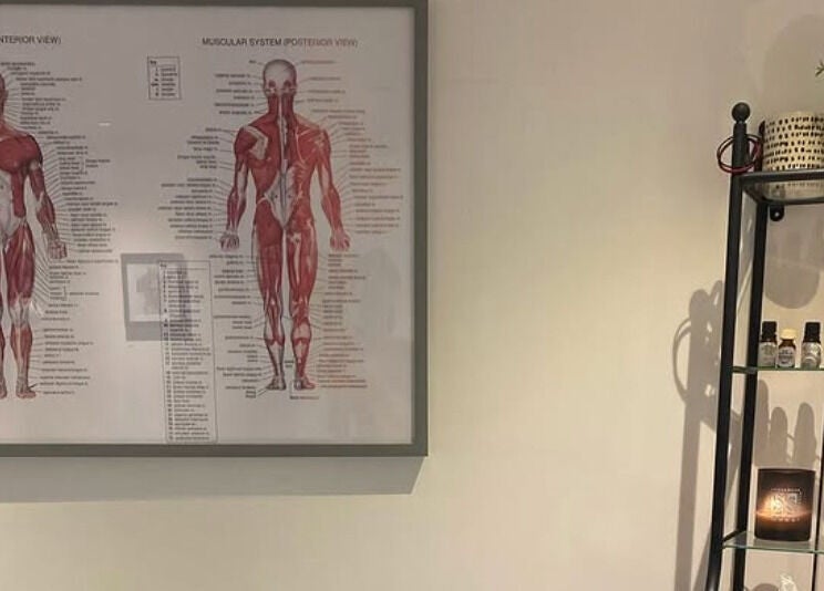 Re Balance interior with muscle chart and wellness oils, Redditch, England, GB.