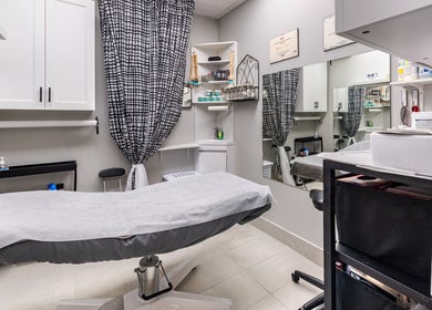 Modern treatment room at Studio Precision Hair Salon in Burlington, Ontario, CA, featuring stylish decor.