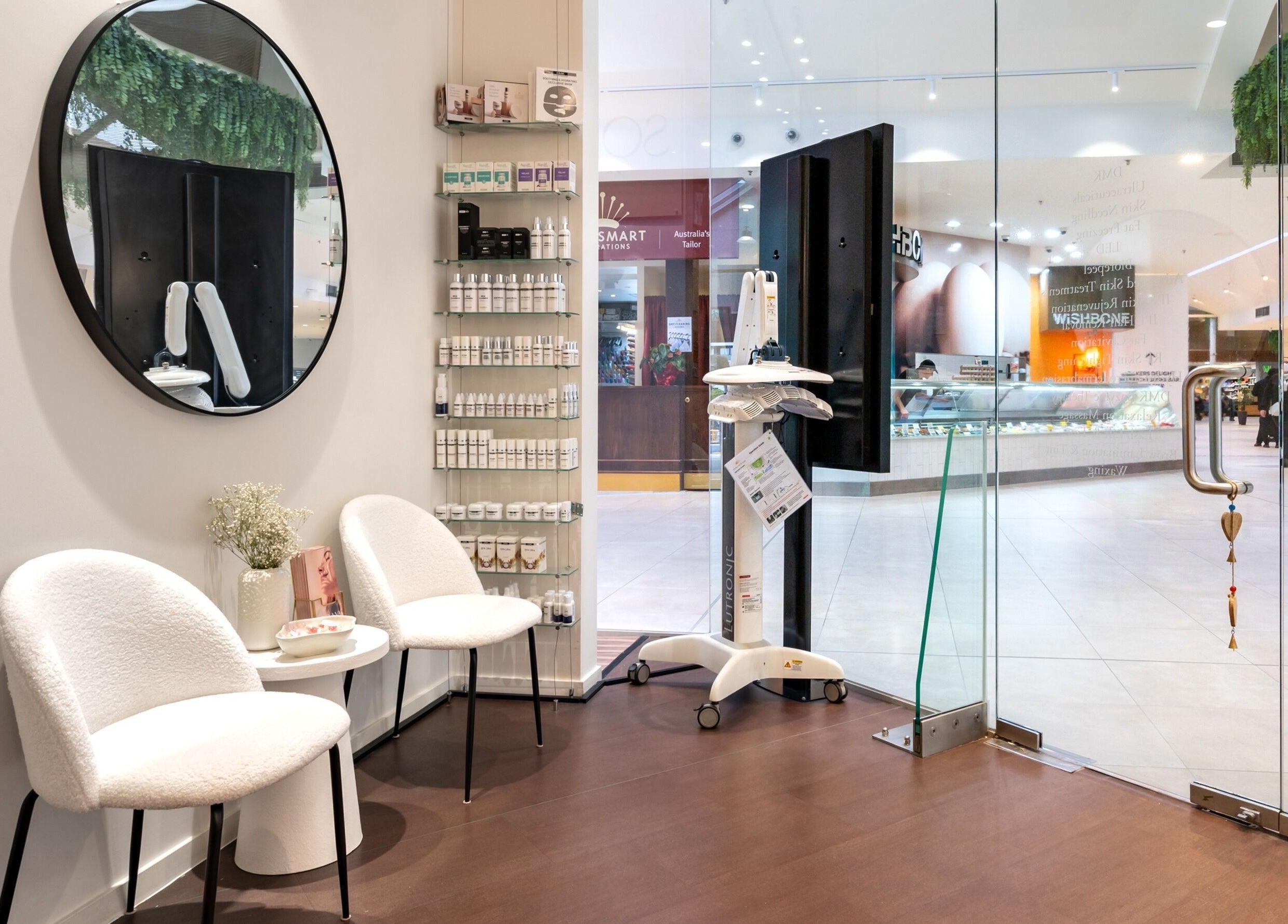 Elegant waiting area at Soraya Skin Clinic Doncaster East, showcasing modern decor and products. Doncaster East, Victoria, AU.