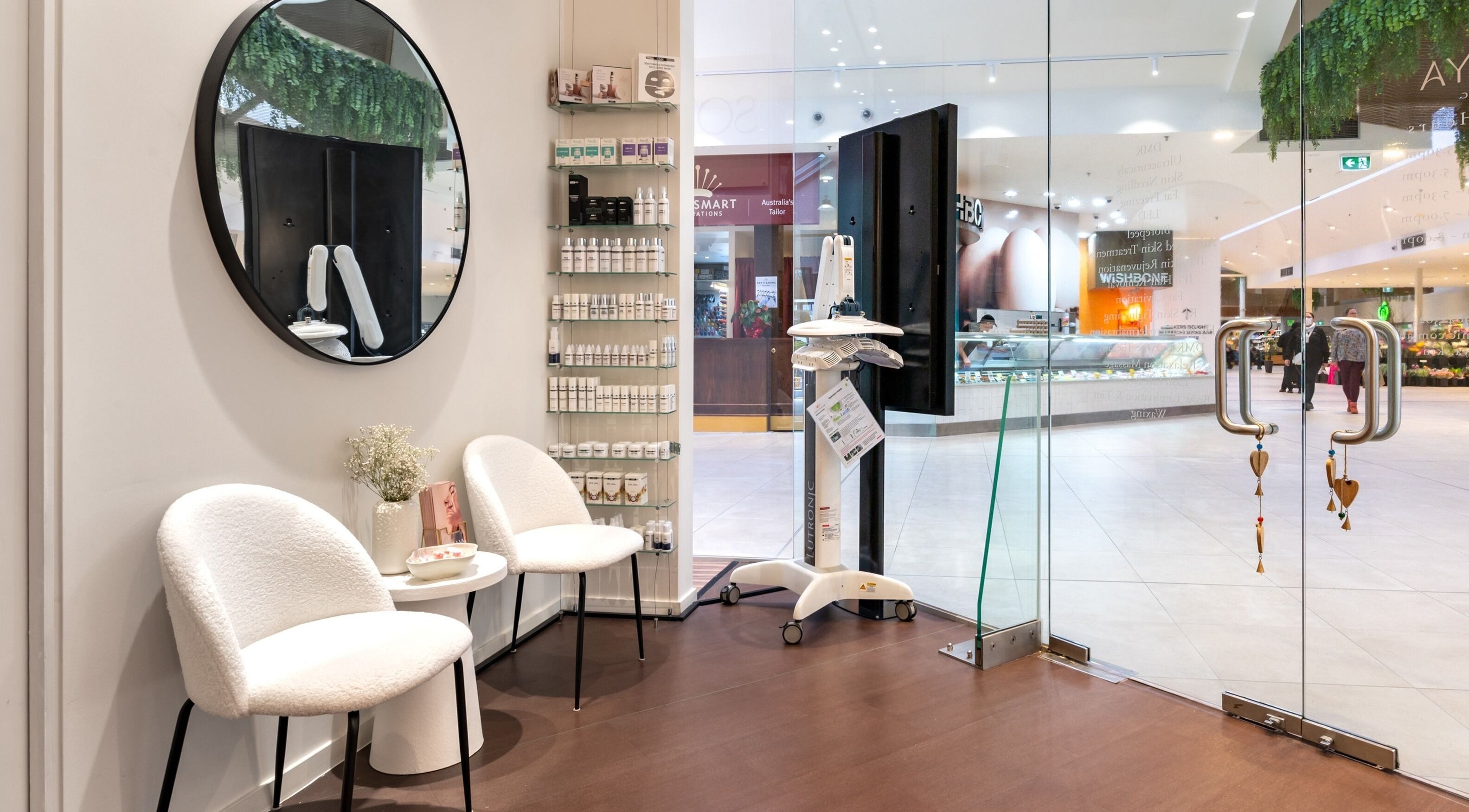Elegant waiting area at Soraya Skin Clinic Doncaster East, showcasing modern decor and products. Doncaster East, Victoria, AU.