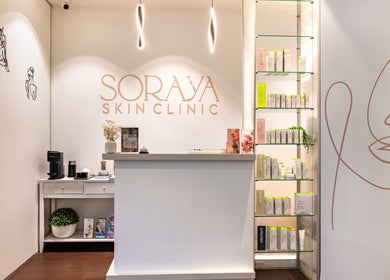 Modern reception at Soraya Skin Clinic Doncaster East, Victoria, AU, featuring elegant design and beauty products display.
