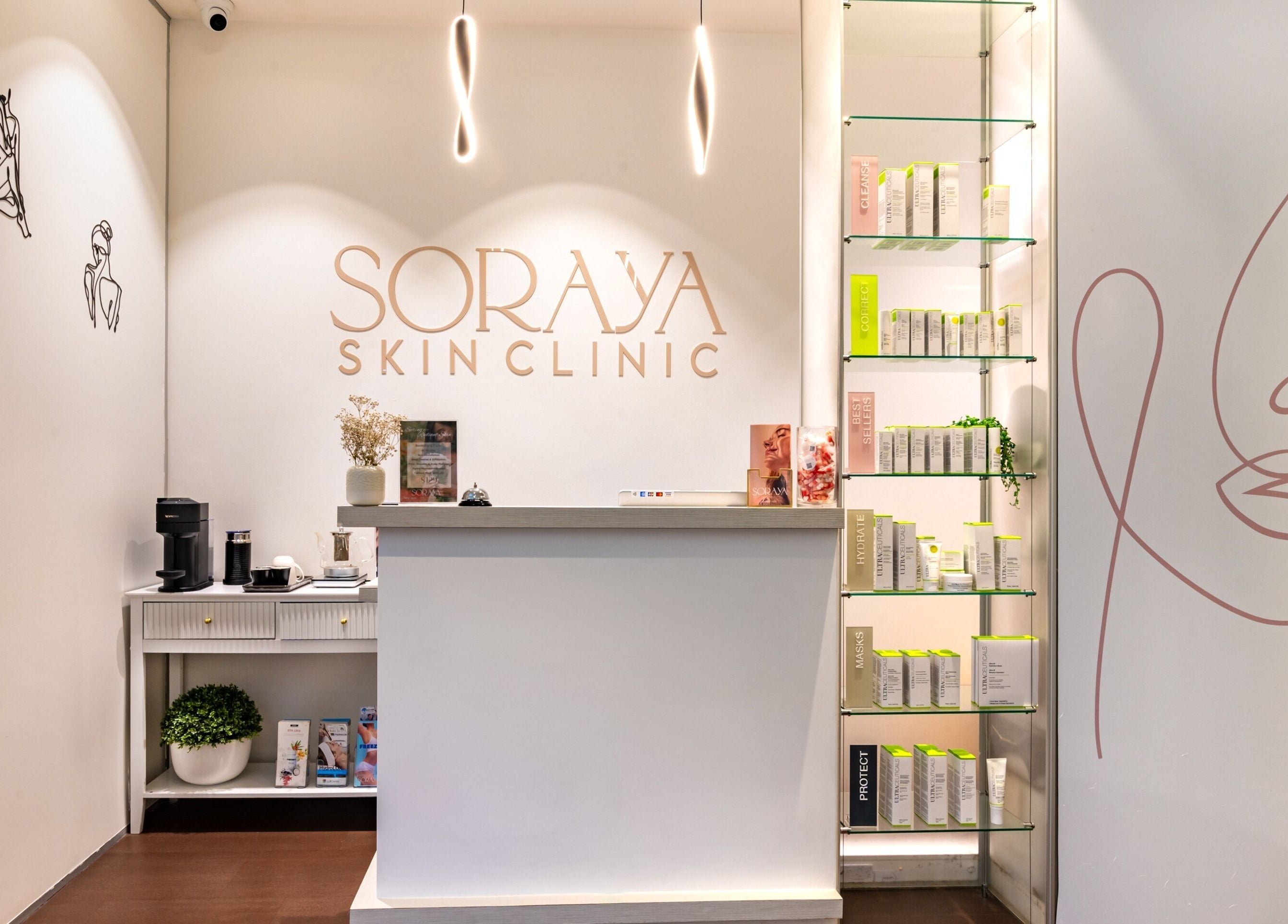 Modern reception at Soraya Skin Clinic Doncaster East, Victoria, AU, featuring elegant design and beauty products display.