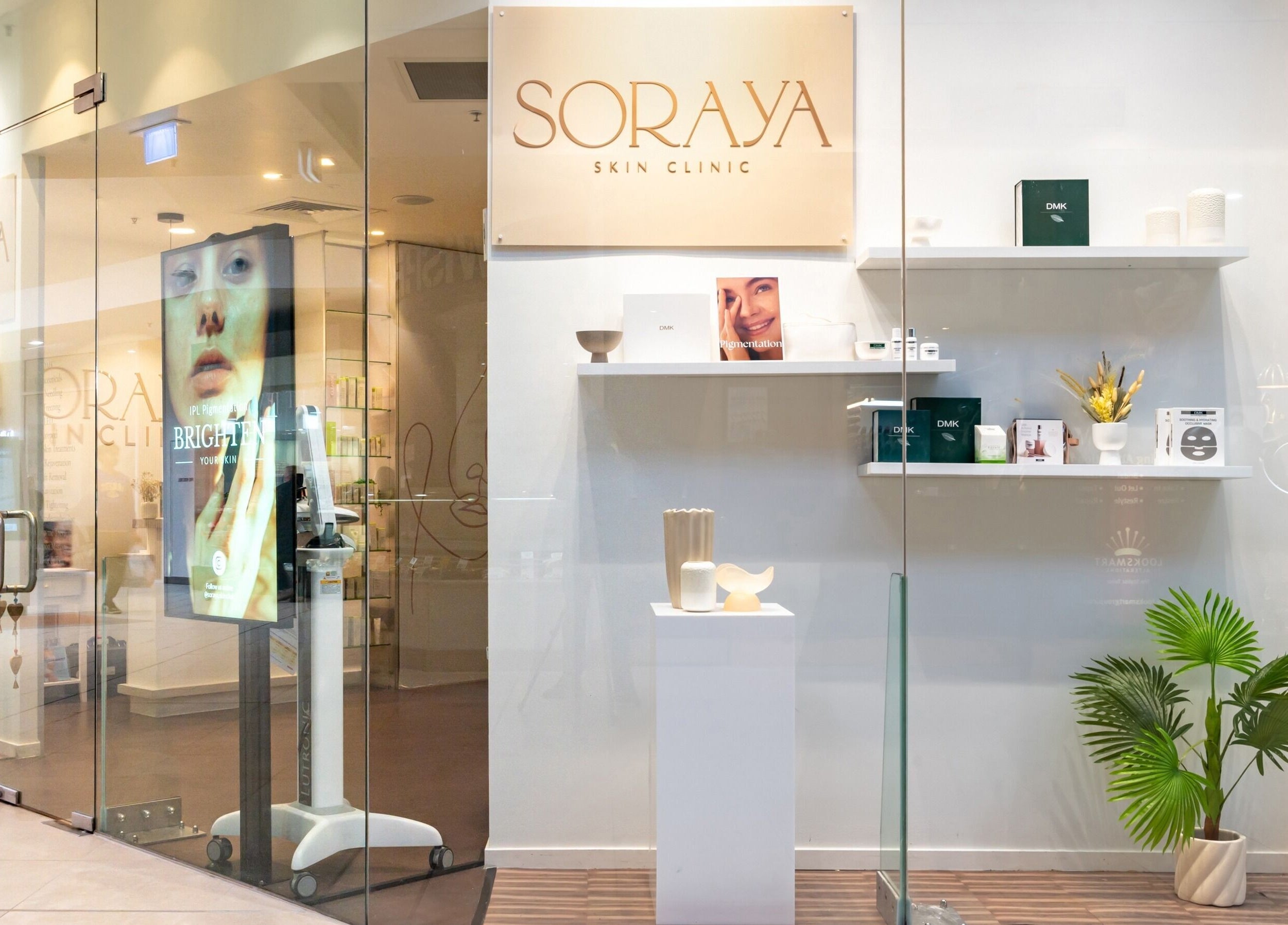 Entrance of Soraya Skin Clinic Doncaster East with elegant decor, showcasing beauty products in Doncaster East, Victoria, AU.