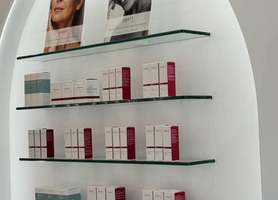 Sophisticated skincare products on glass shelves at Soraya Skin Clinic Prahran, Prahran, Victoria, AU.