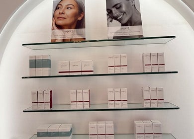 Skincare products at Soraya Skin Clinic Prahran, Prahran, Victoria, AU. Sleek shelves displaying Aspect products.