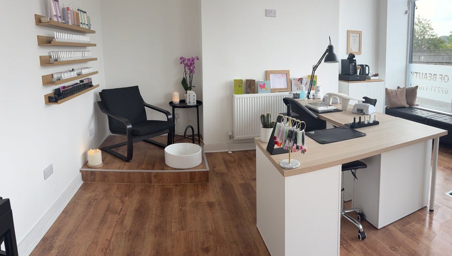 Modern manicure station at EmHanced Nails in Shipley, England, GB, showcasing sleek design and cozy ambiance.