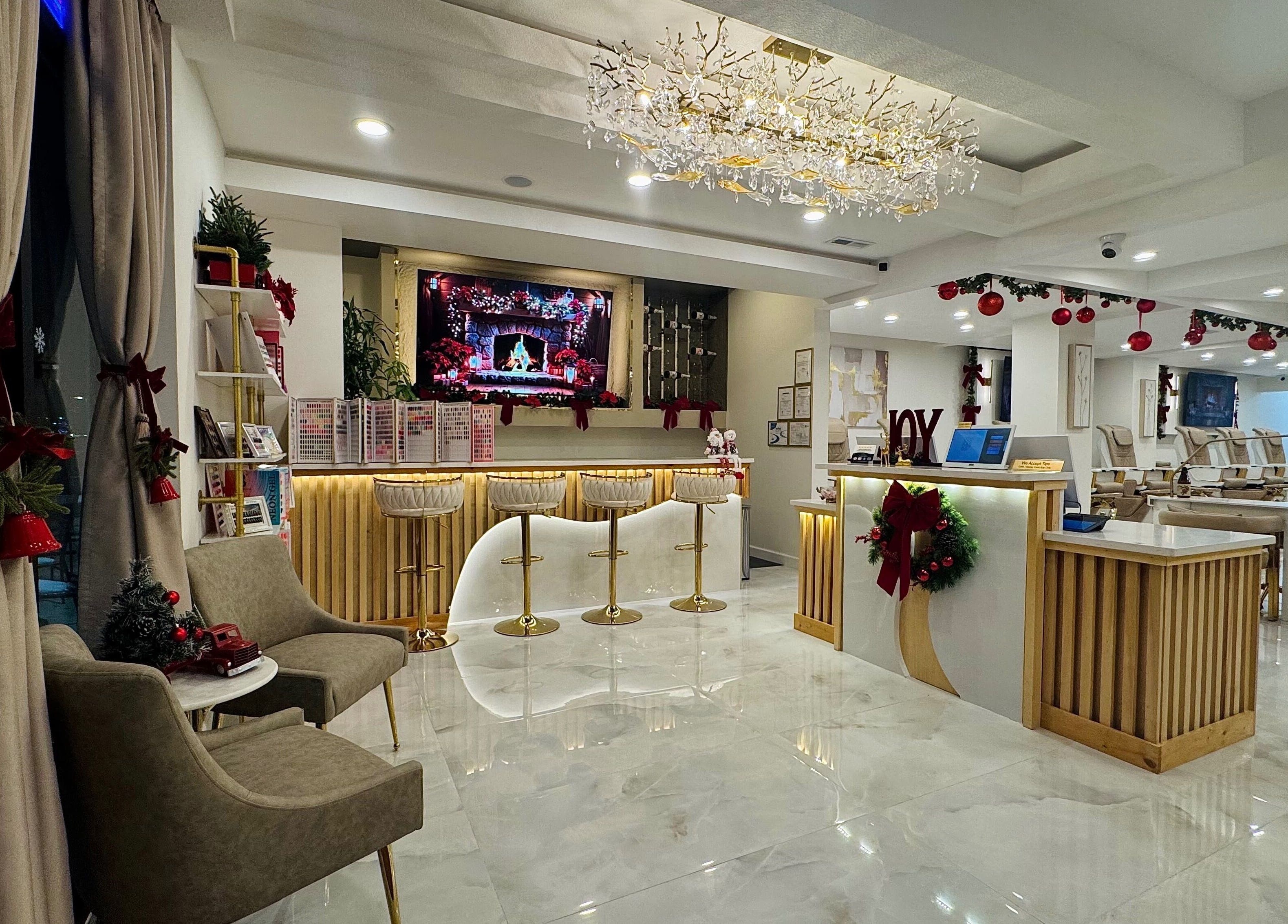 Luxury interior of Edina Nails Spa in Delaware, Ohio, US, featuring chic decor and comfortable seating.