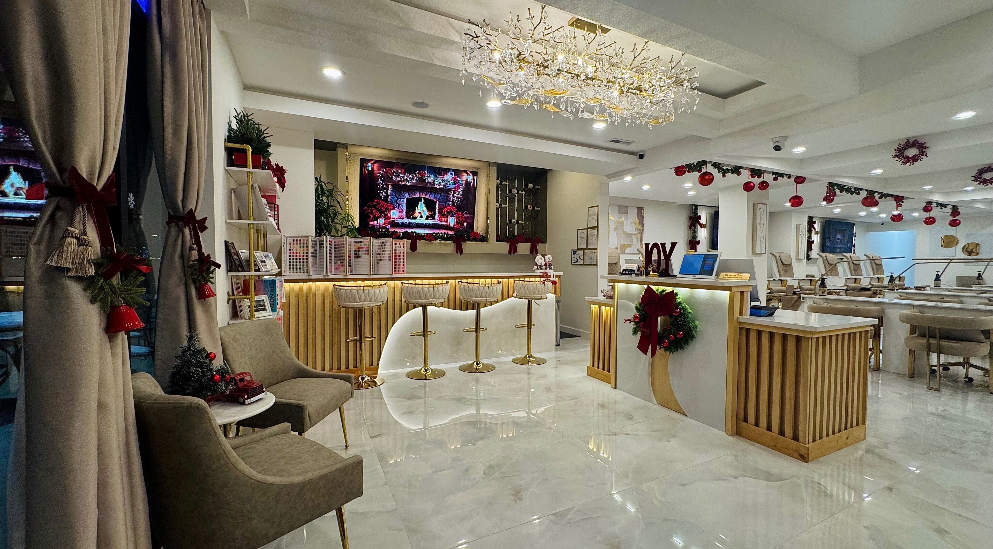 Luxury interior of Edina Nails Spa in Delaware, Ohio, US, featuring chic decor and comfortable seating.