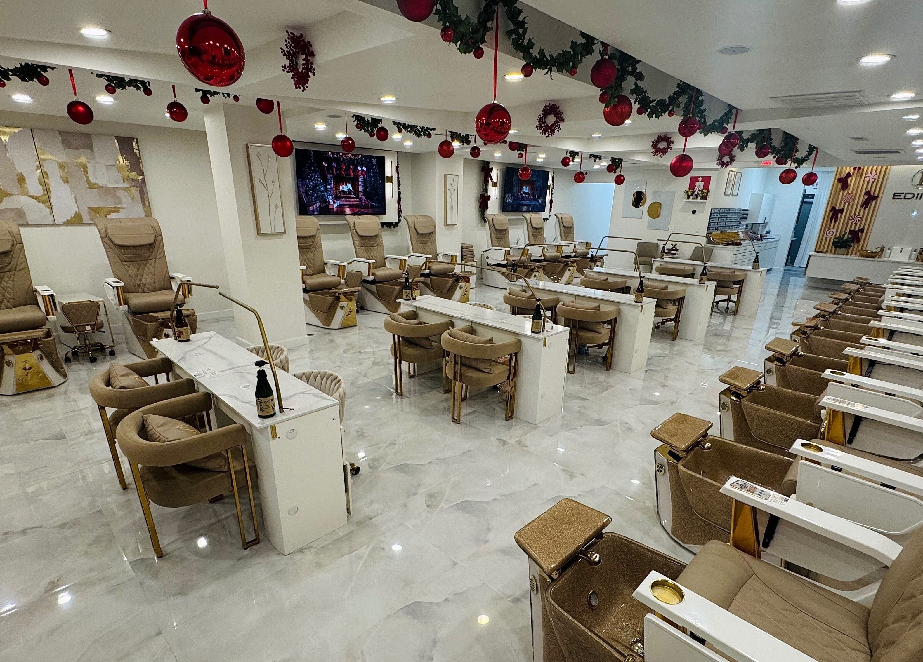 Luxurious interior of Edina Nails Spa in Delaware, Ohio, US with plush pedicure chairs.