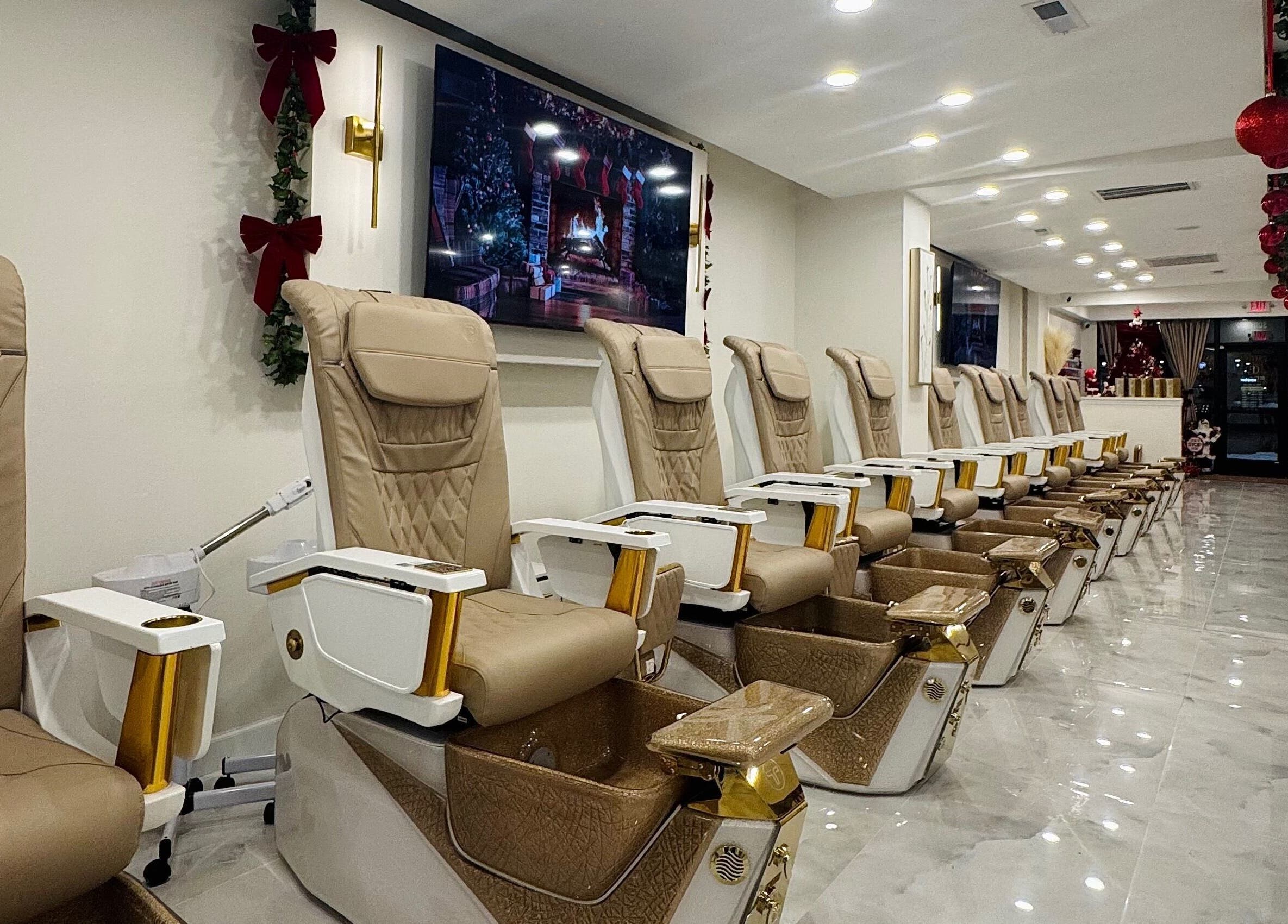 Elegant pedicure chairs at Edina Nails Spa, Delaware, Ohio, US, poised for relaxation.