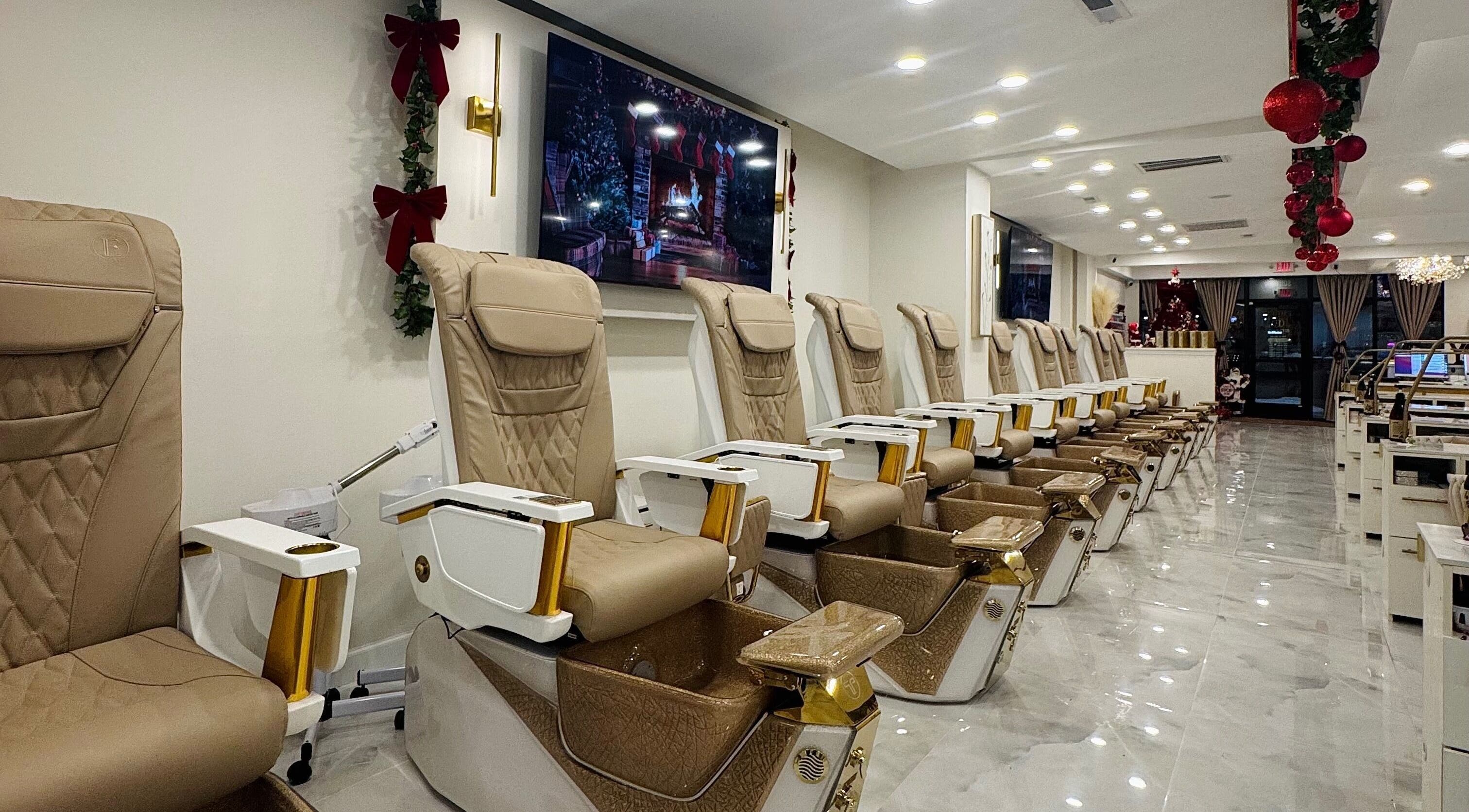 Elegant pedicure chairs at Edina Nails Spa, Delaware, Ohio, US, poised for relaxation.