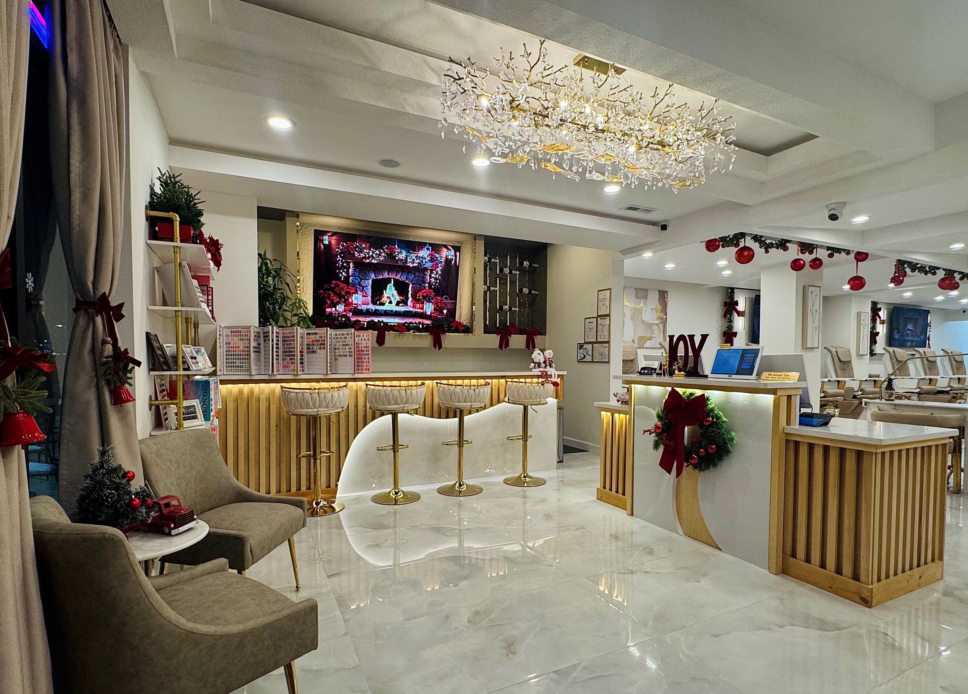 Elegant interior of Edina Nails Spa in Delaware, Ohio, US beautifully decorated with festive ornaments.