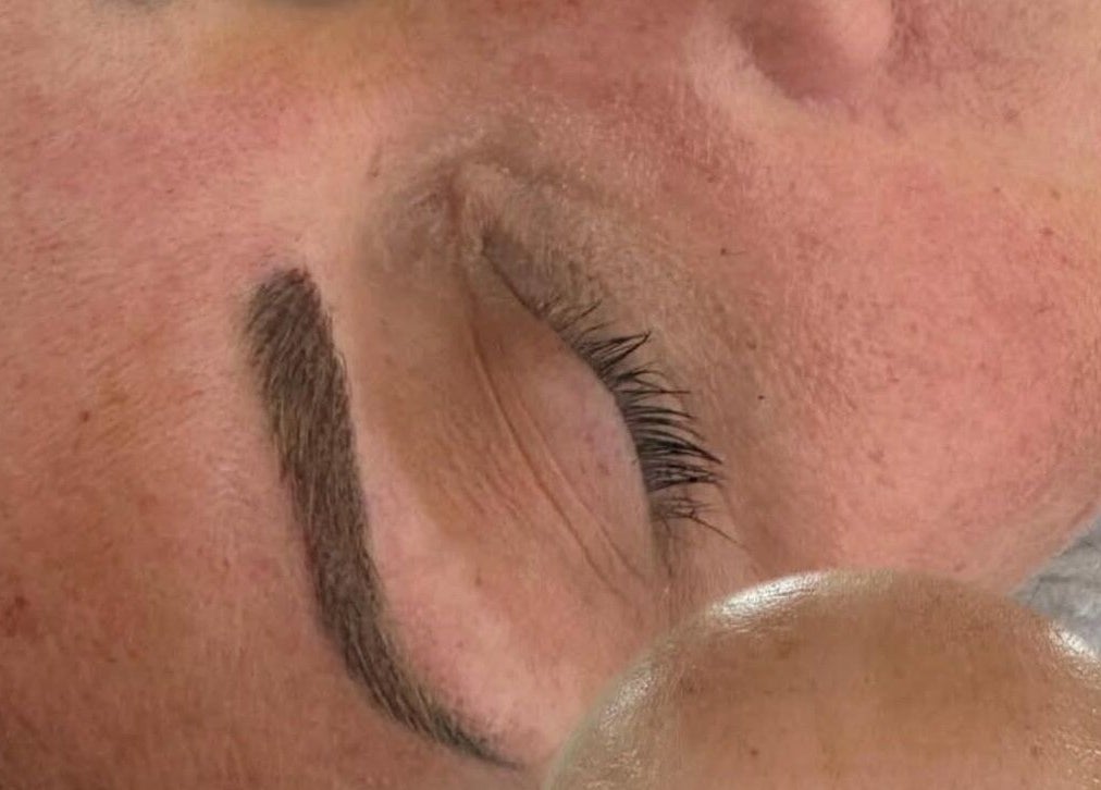 A close-up of a perfectly microbladed eyebrow at Enhancing Faces, Lytham St Annes, England, GB.