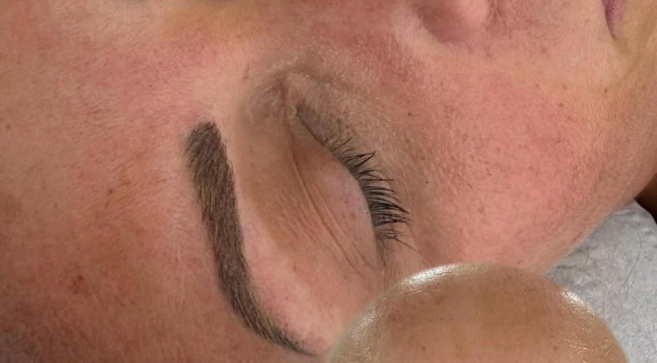 A close-up of a perfectly microbladed eyebrow at Enhancing Faces, Lytham St Annes, England, GB.