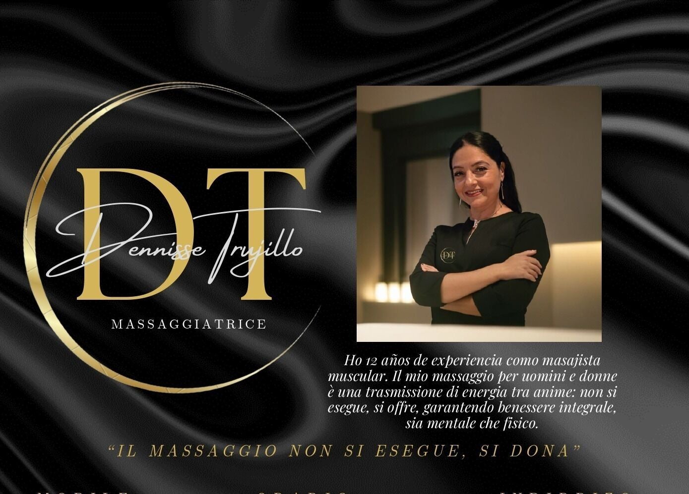 Logo e ritratto di Dennisse Trujillo Massaggiatrice a Cagliari, Sardegna, IT.