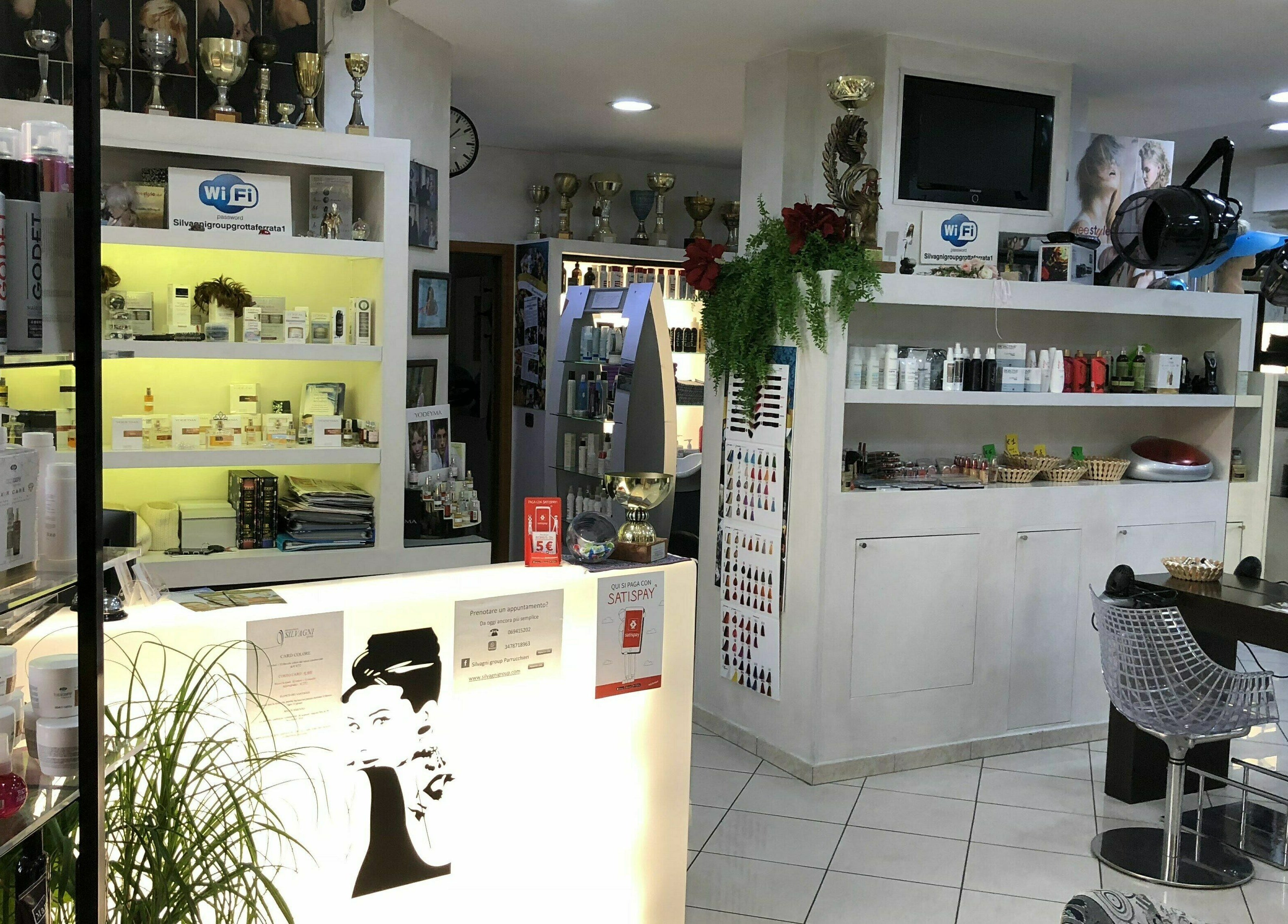 Interno di Silvagni Group Parrucchieri a Grottaferrata, Lazio, IT, con prodotti e decorazioni di alta qualità.
