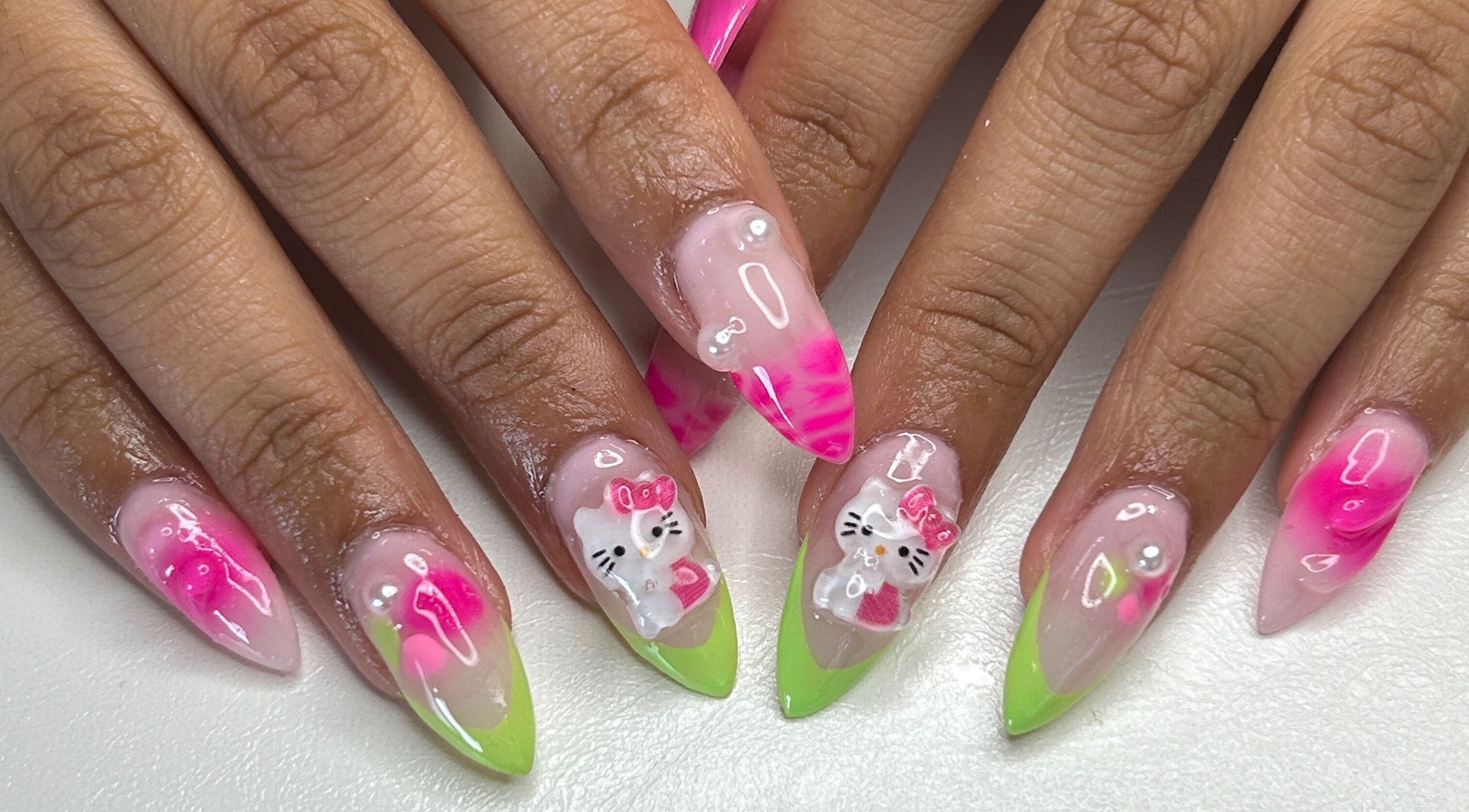 Vibrant nail art with pink and green designs at Klawed by Karissa in Vancouver, British Columbia, CA.