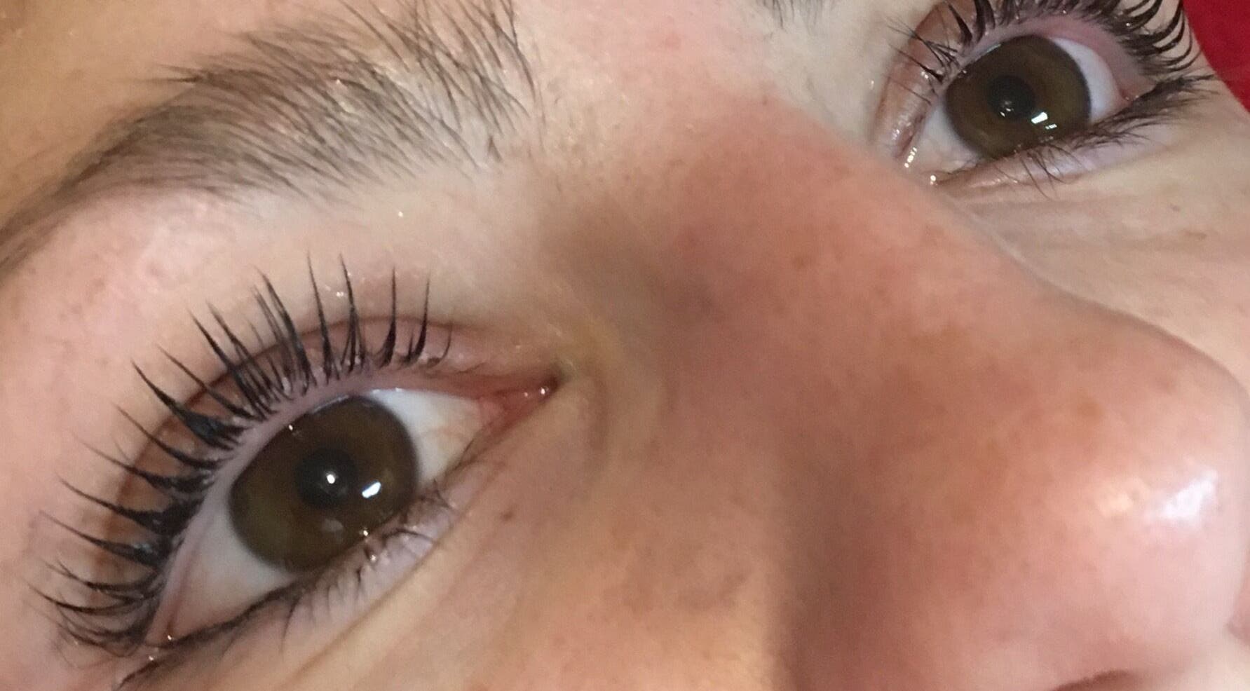 Close-up of enhanced eyelashes at Ladybird Beauty @ The Cabin, Chelmsford, England, GB.