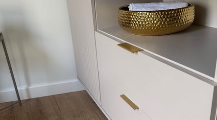 Elegant drawer with golden bowl at ML BEAU-TY, Waterlooville, England, GB.
