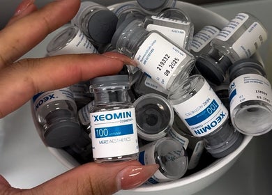 Collection of Xeomin vials at Injectme.Toronto, located in Toronto, Ontario, CA, highlighting cosmetic supplies.