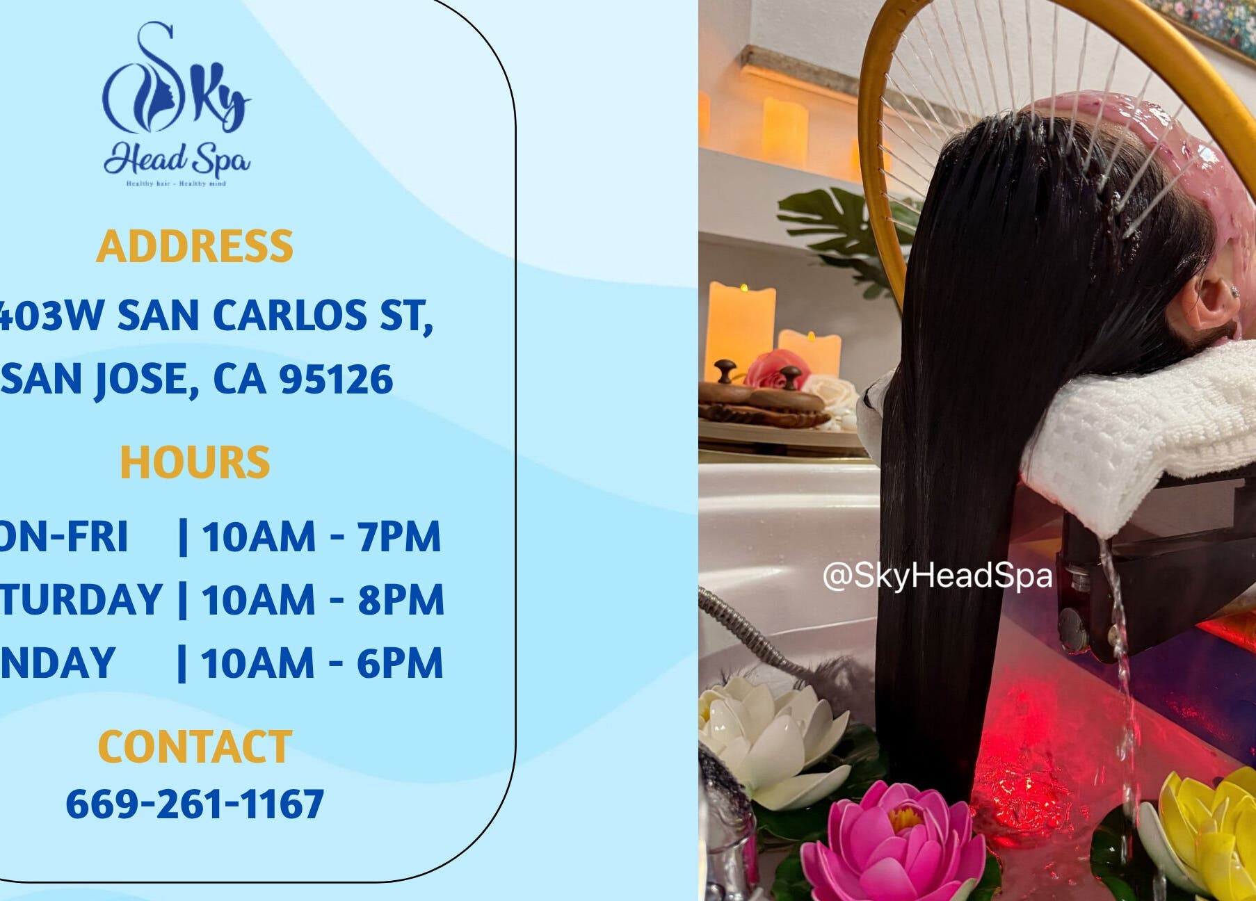 Luxurious head spa treatment at Sky Head Spa, San Jose, California, US with soothing water and serene decor.