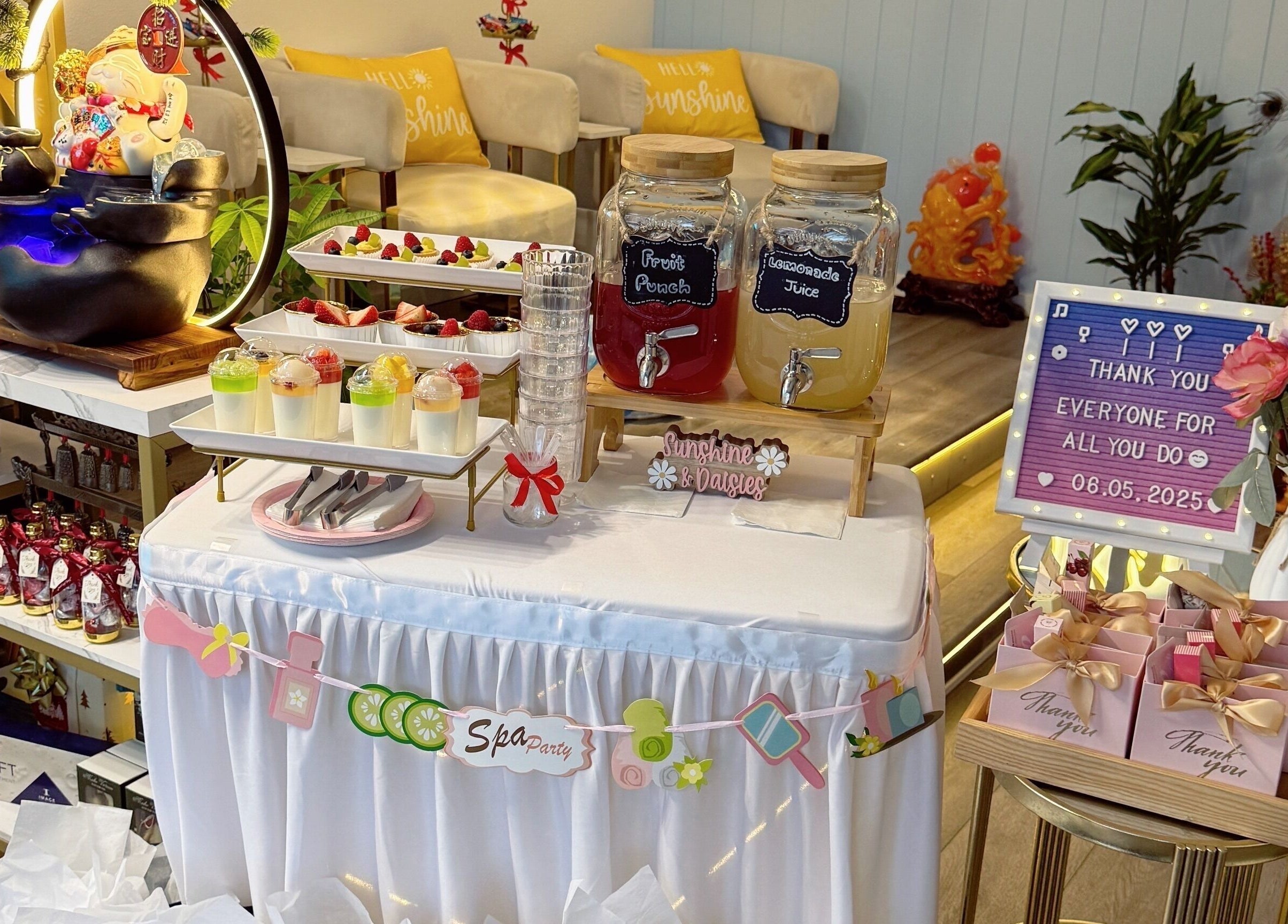 Fruit punch and desserts at Sky Head Spa event in San Jose, California, US.