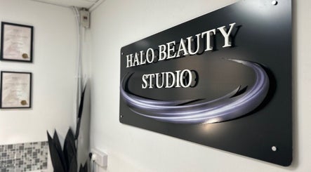 Halo Beauty Studio sign displayed inside the venue at Letchworth Garden City, England, GB.