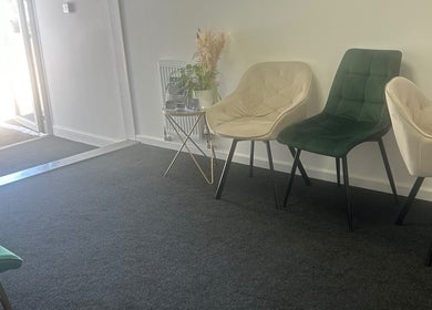 Inviting lobby chairs at Halo Beauty Studio, Letchworth Garden City, England, GB.