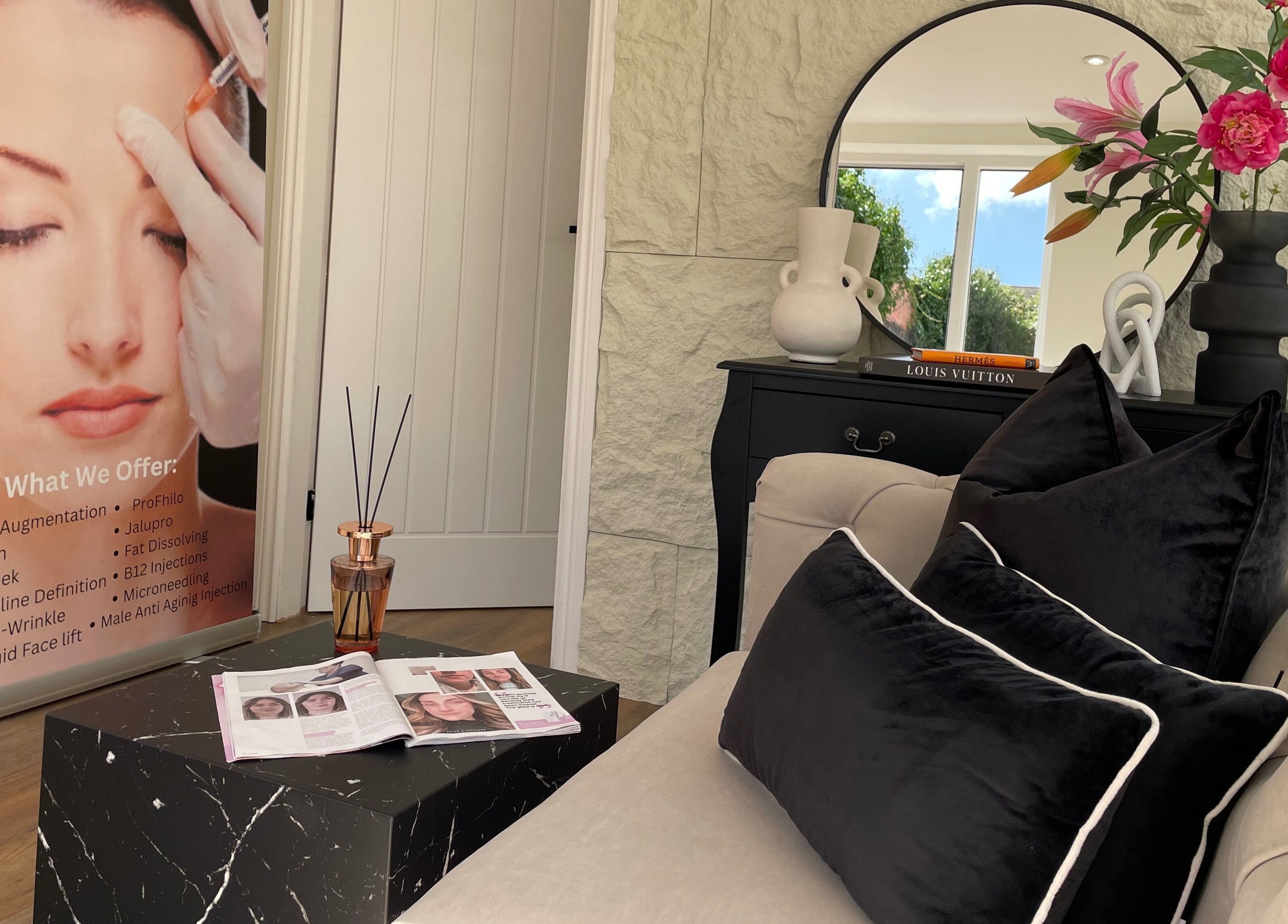 Kolcheva Skin & Laser Clinic in Kirkham, England features elegant decor with beauty service poster and floral accents.