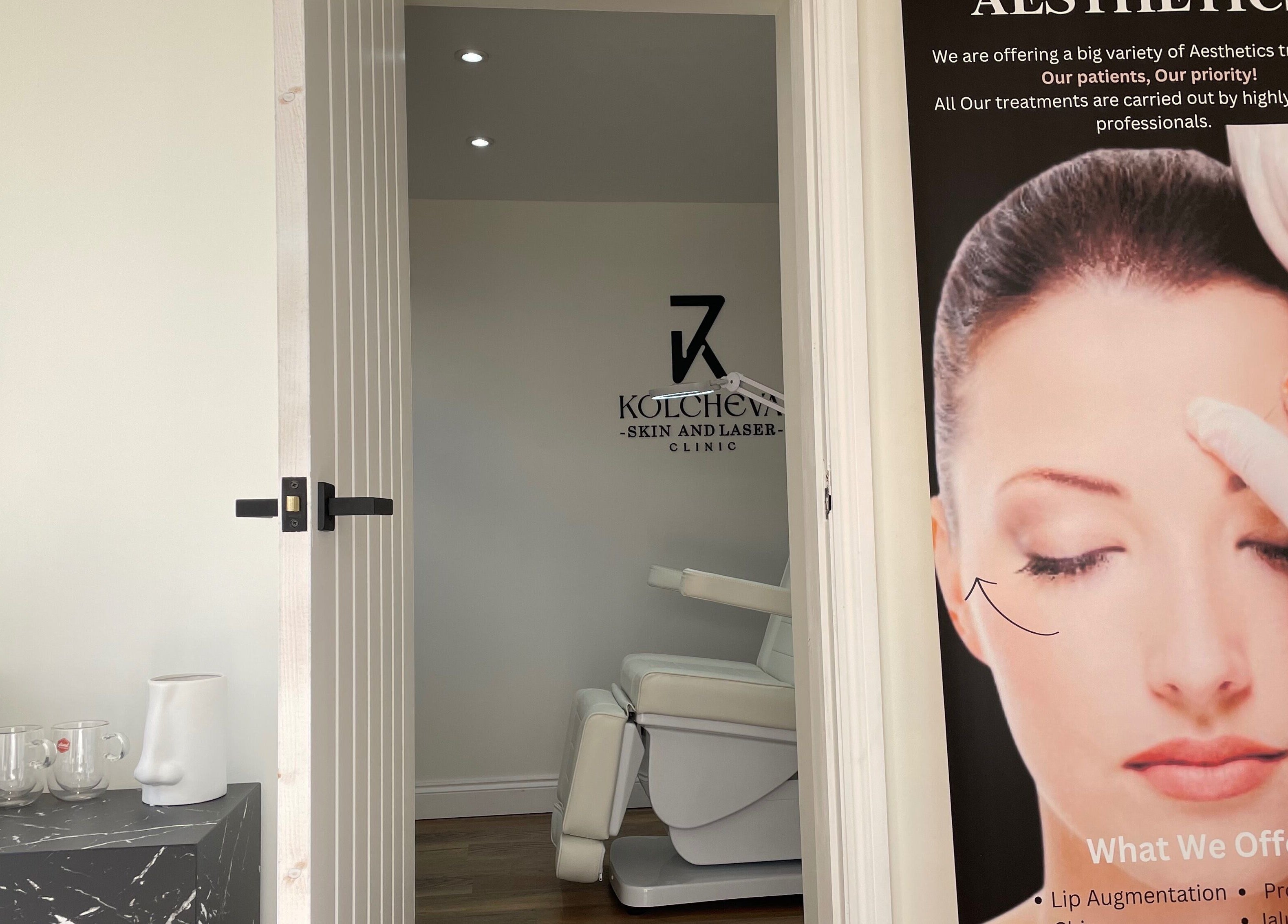 Kolcheva Skin & Laser Clinic room with a chair, poster, and coffee setup in Kirkham, England, GB.