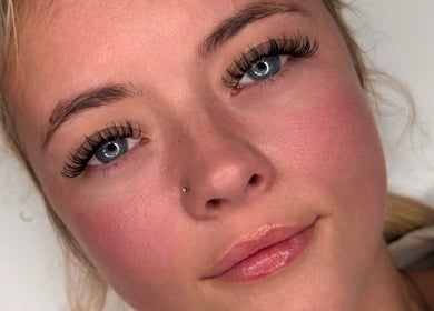 Close-up of lash extensions by Nicole Kayleigh in Fleetwood, England, GB showing detailed eye makeup.