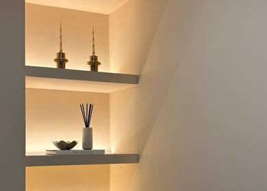Elegant shelf decor at The Beauty Shack @ Muse Studio, Longwell Green, England, GB with candles and diffuser.