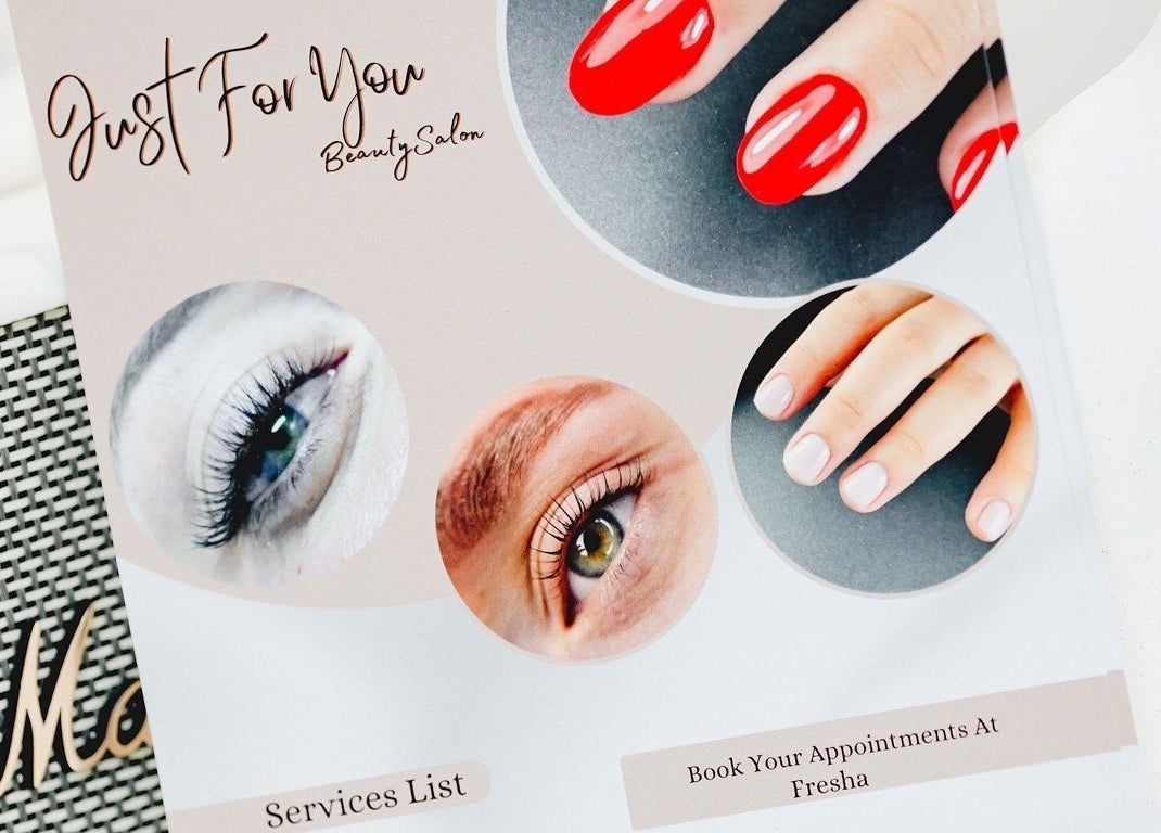 Just For You salon brochure in Naxxar, MT showcasing eye and nail care.