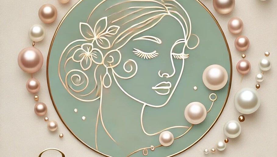 Diseño elegante de rostro femenino en SkinCare By Lizbeth, Loíza, PR, rodeado de perlas.