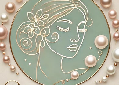 Diseño elegante de rostro femenino en SkinCare By Lizbeth, Loíza, PR, rodeado de perlas.