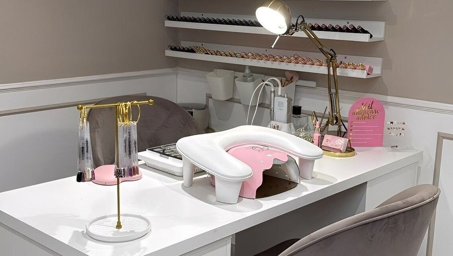 Elegant nail station at By Layla Jayne, Newcastle upon Tyne, England, GB, showcasing stylish decor and tools.