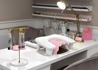 Elegant nail station at By Layla Jayne, Newcastle upon Tyne, England, GB, showcasing stylish decor and tools.