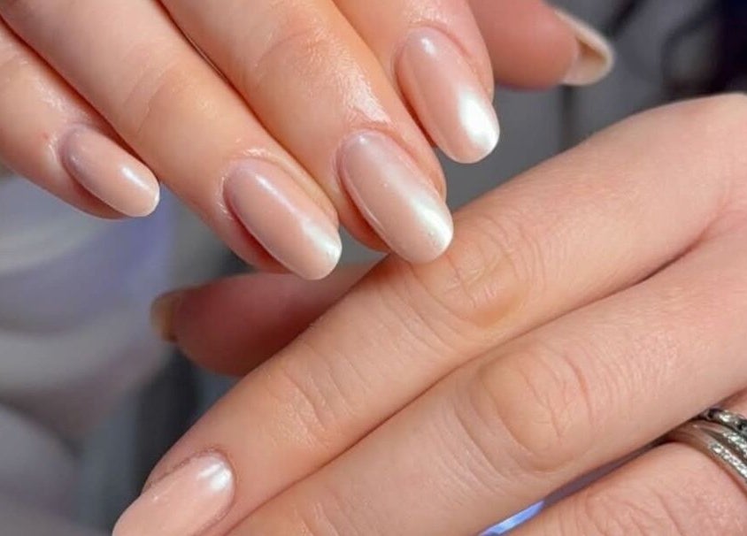 Close-up of elegant pearl nails at By Layla Jayne, Newcastle upon Tyne, England, GB.