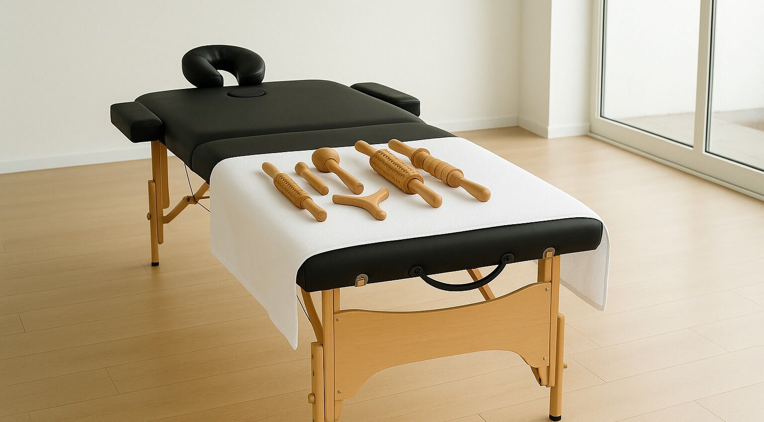 Mesa de masajes con herramientas de madera en Le Moment, Antioquia, Antioquia, CO.