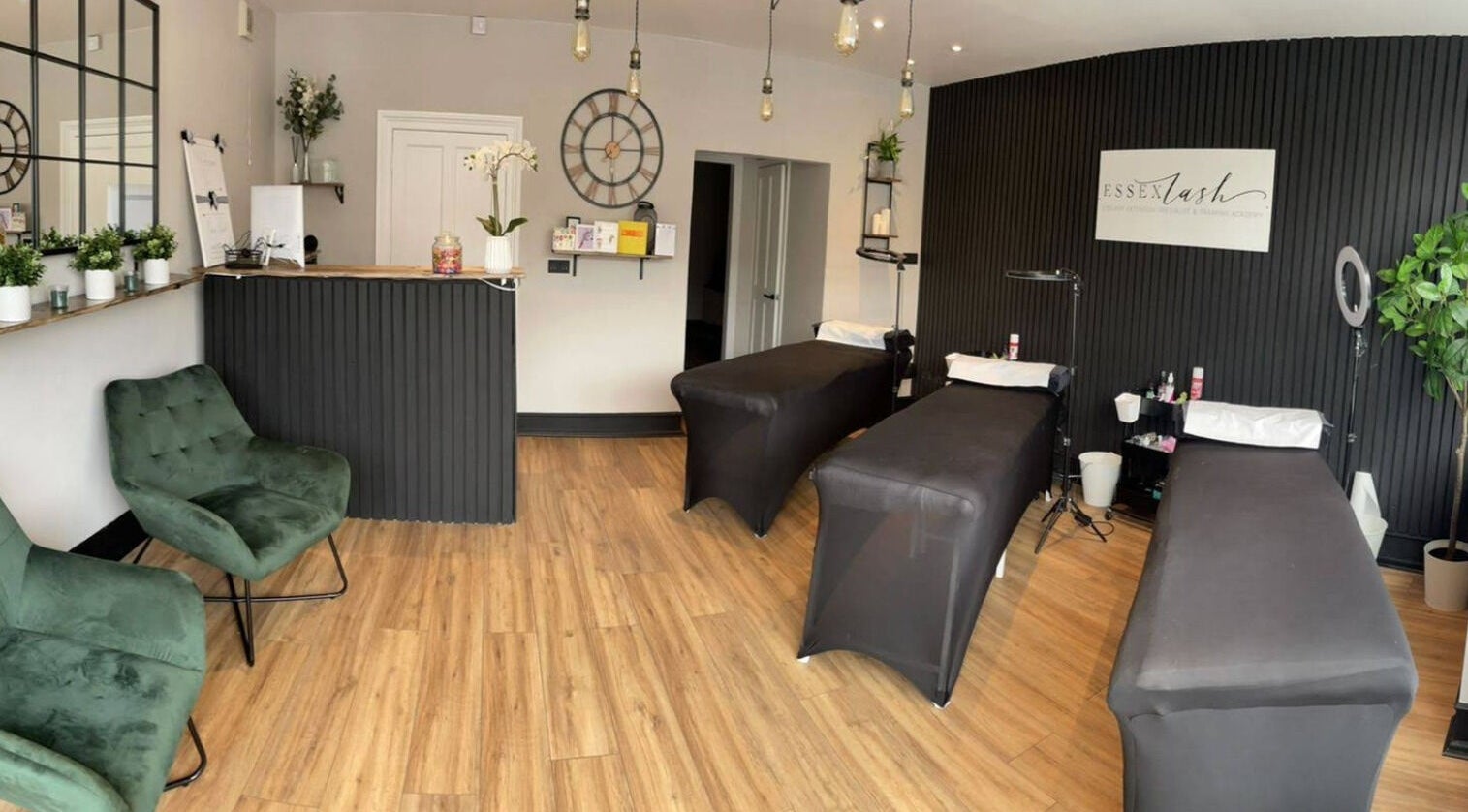 Cozy interior of Essex Lash with treatment beds, Romford, England, GB, creating a relaxing beauty atmosphere.