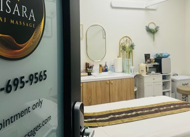 Cozy massage room at Disara Thai Massage in Las Vegas, Nevada, US enhancing relaxation with elegant decor.